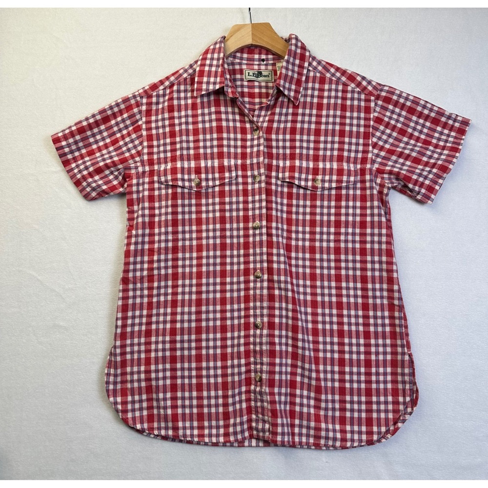 LL Bean Womens XS Red White Blue Plaid Short Sleeve Cotton Button Down Shirt